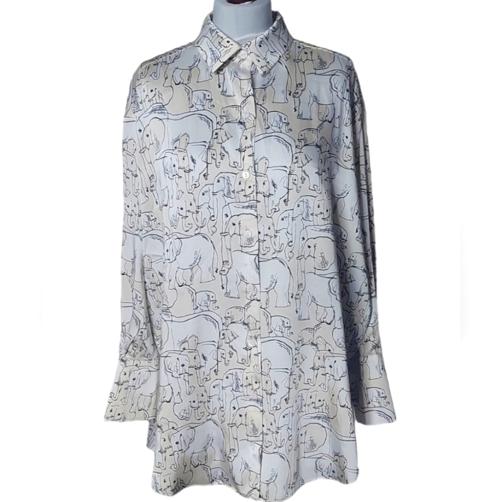 Zara Oversized Elephant Print Shirt Size M Satin Blouse White & Ivory BNWOT - Picture 2 of 8
